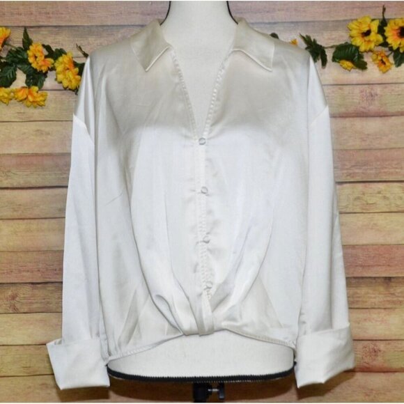Sanctuary Ivory Button Front Collared Silky Blouse Top Size L V-Neck Career - Picture 1 of 12
